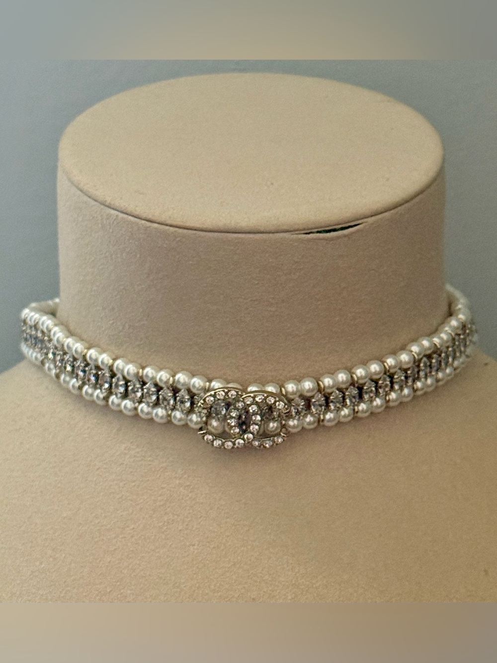 Authentic Chanel Pearl Crystal CC Choker Necklace